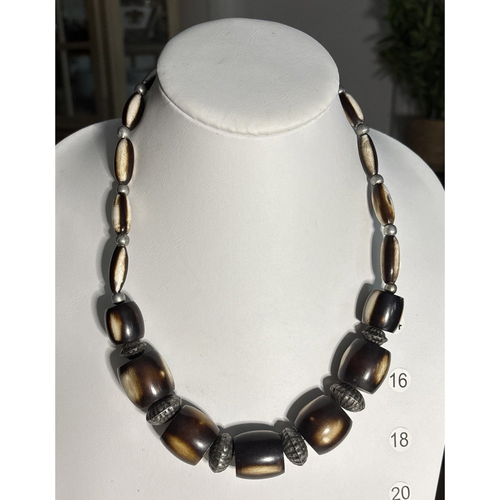 Horn Bead Style Necklace Brown Cream Silver Tone Boho Tribal Statement